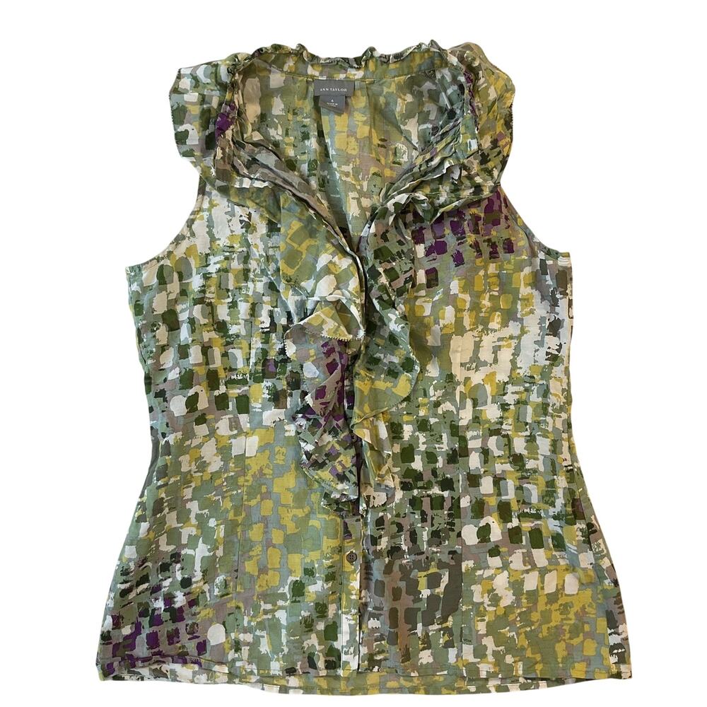 Ann Taylor Women Blouse 4 Green Cotton Silk Geometric Ruffle Button High V- Neck